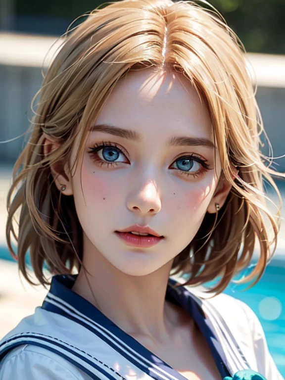 masterpiece, ultra high quality, high quality, High resolution, high quality details, high quality shadow, Attention to detail, Beautiful details, In detail, Highly detailed CG, Detailed Texture, a Realistic representation of the face, Realistic, colorful, delicate, Cinematic Light, Side light, Lens flare, Ray Tracing, Sharp focus, (Intricate details, compensate, Purelos Face_v1:0.5), (detailed beautiful delicate face, detailed beautiful delicate eyes, Perfectly balanced face, Attention to detailed skin, Detailed skin, The optimal ratio is four fingers to one thumb, from above, looking up at viewer, (sagging Breasts), (Cleavage), ((Smooth texture, Realistic texture, Photo Realistic)), (Beautiful eyes in every detail, Beautiful eyelashes, Emerald Eyes), Blonde medium hair, messy hair, 1female, By the pool, (((Sailor shirt, No sleeve, Open Front))), (Beautiful Face, Cute face, Detailed face), (((sunny))), perfecteyes eyes