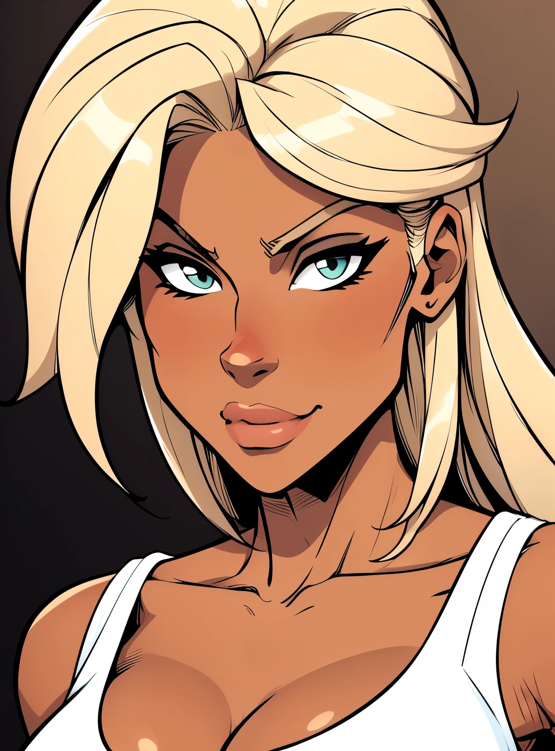 (cartoon style:1.2), Cartoon image of a Flat colors, close up, portrait of a 25 year old surfer looking girl, tan skin, beach blonde salty hair, natural beaty, beautiful, casual, see thru tank top, Cleavage, simply dark beige background 