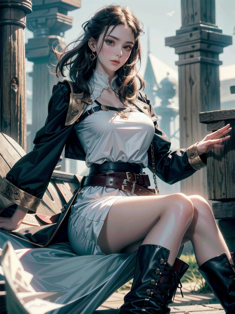 Practical pirate clothing, Long-sleeved pirate top, Skirt, boots, absurdres, RAW photo, extremely delicate and beautiful, masterpiece, Best Quality, ultra high resolution, 32k, hyperrealistic, ultra-detailed, detailed description, pale skin, 20 years old, tearful mole, earring, Colossal tits, short medium hair, wavy hair,