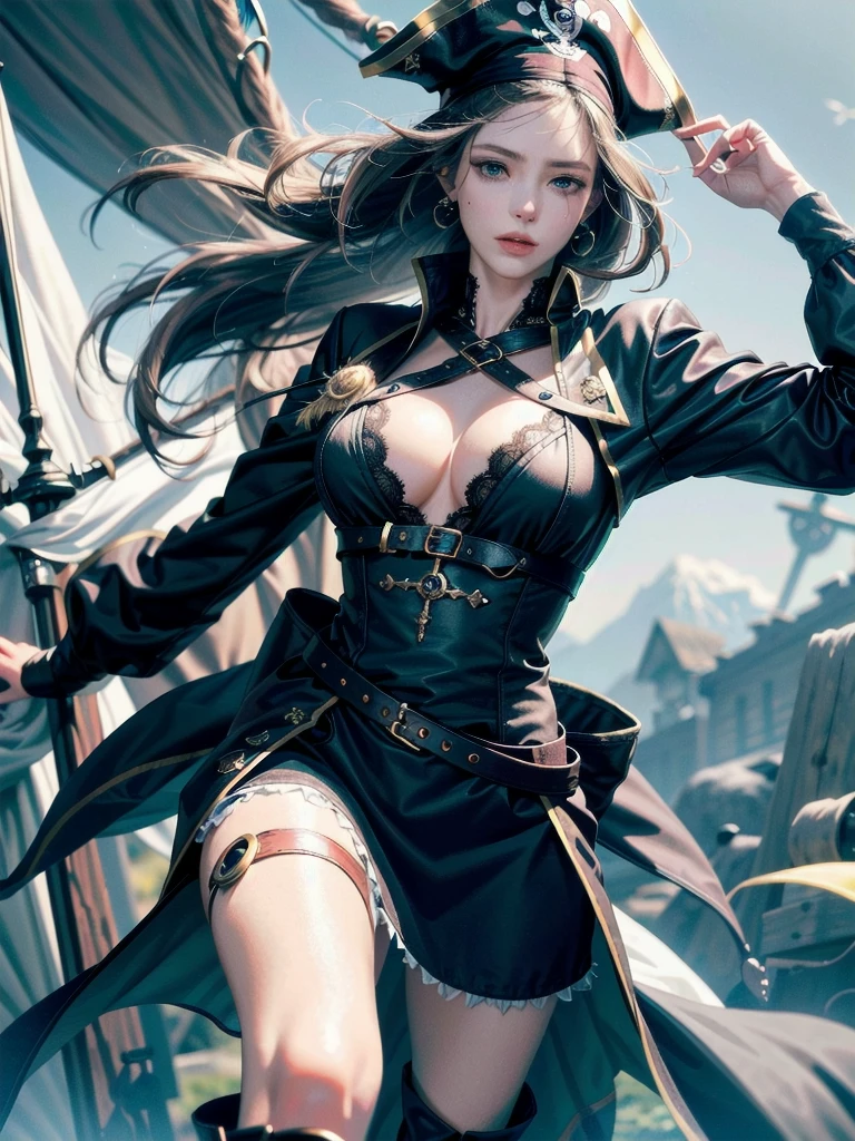 Practical pirate clothing, Long-sleeved pirate top, Skirt, boots, absurdres, RAW photo, extremely delicate and beautiful, masterpiece, Best Quality, ultra high resolution, 32k, hyperrealistic, ultra-detailed, detailed description, pale skin, 20 years old, tearful mole, earring, Colossal , short medium hair, wavy hair,