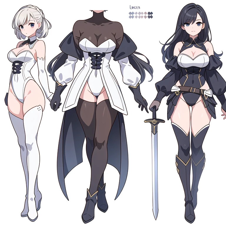 (((Best Quality))) , ((full body)), 4 lady, multiple views, white background, variety of hairstyles, (((Best Quality))) , ((full body)), An adult female, reference sheet, solo, (white background), leotard, boots, cleavage, sword, bustier,