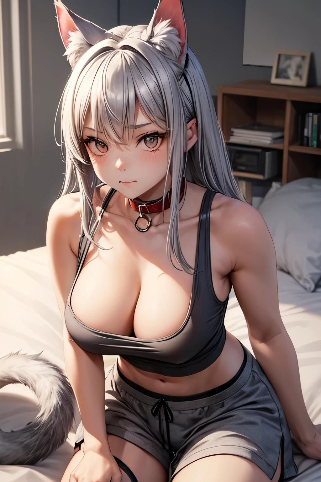 cat girl with grey hair and ears, grey long fluffy tail behing her, naked, wearing only tight grey crop tank top and mens boxer shorts, sitting on bed, big breasts, cute face, a big red collar on neck attached to a leash
