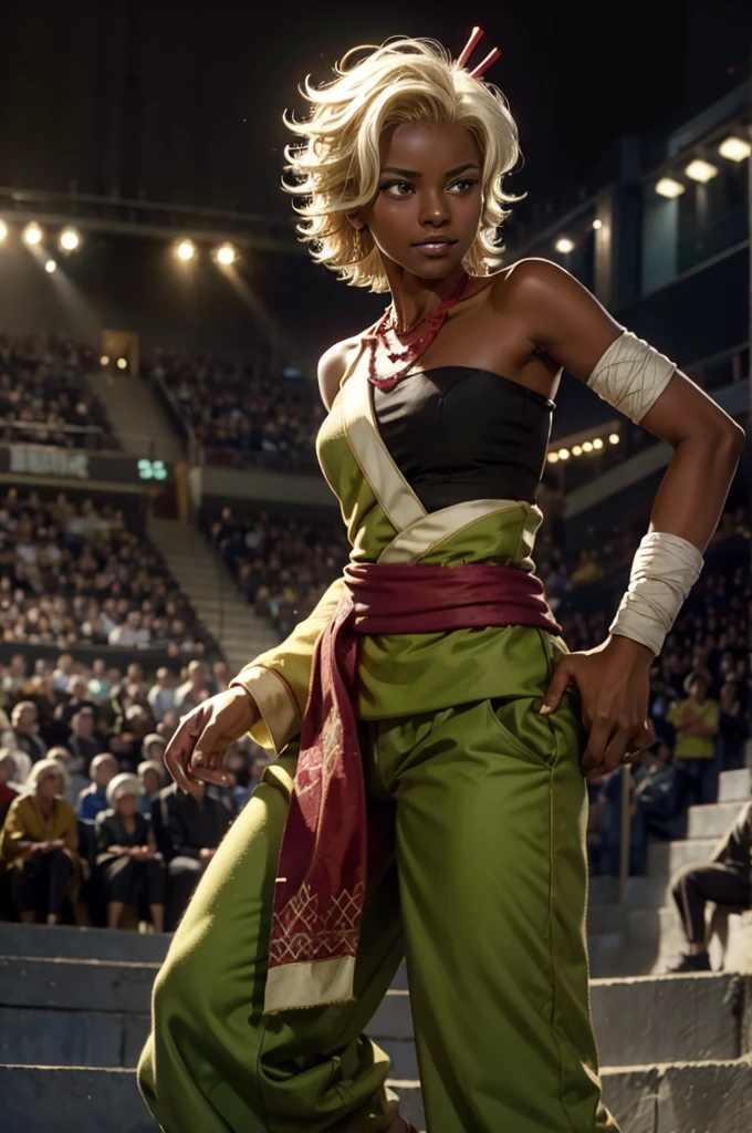 arslanaltan, 1girl, blonde hair, short hair, green eyes, dark skin, brown skin, hair ornament, sash, baggy pants, bandages, bare shoulders, necklace, (Masterpiece, Best Quality, Highres:1.2), Detailed, Intricate Details, 4K, solo, cowboy shot, high rating, fighting pose, fighting stance, theater, audience, crowd, smile, looking at viewer,