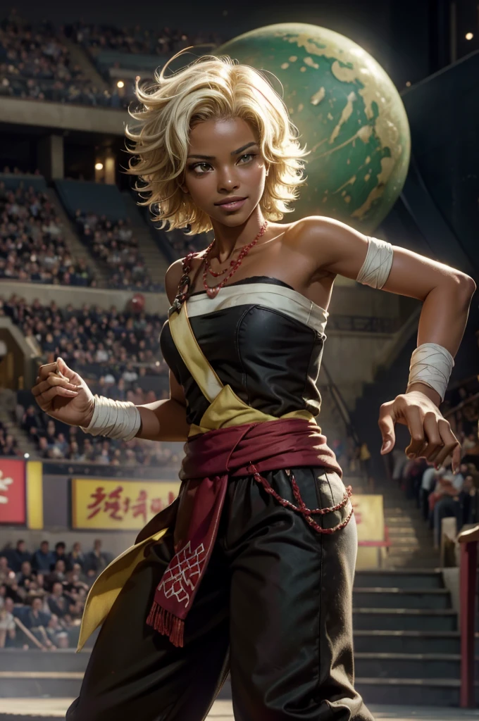 arslanaltan, 1girl, blonde hair, short hair, green eyes, dark skin, brown skin, hair ornament, sash, baggy pants, bandages, bare shoulders, necklace, (Masterpiece, Best Quality, Highres:1.2), Detailed, Intricate Details, 4K, solo, cowboy shot, high rating, fighting pose, fighting stance, theater, audience, crowd, smile, looking at viewer,