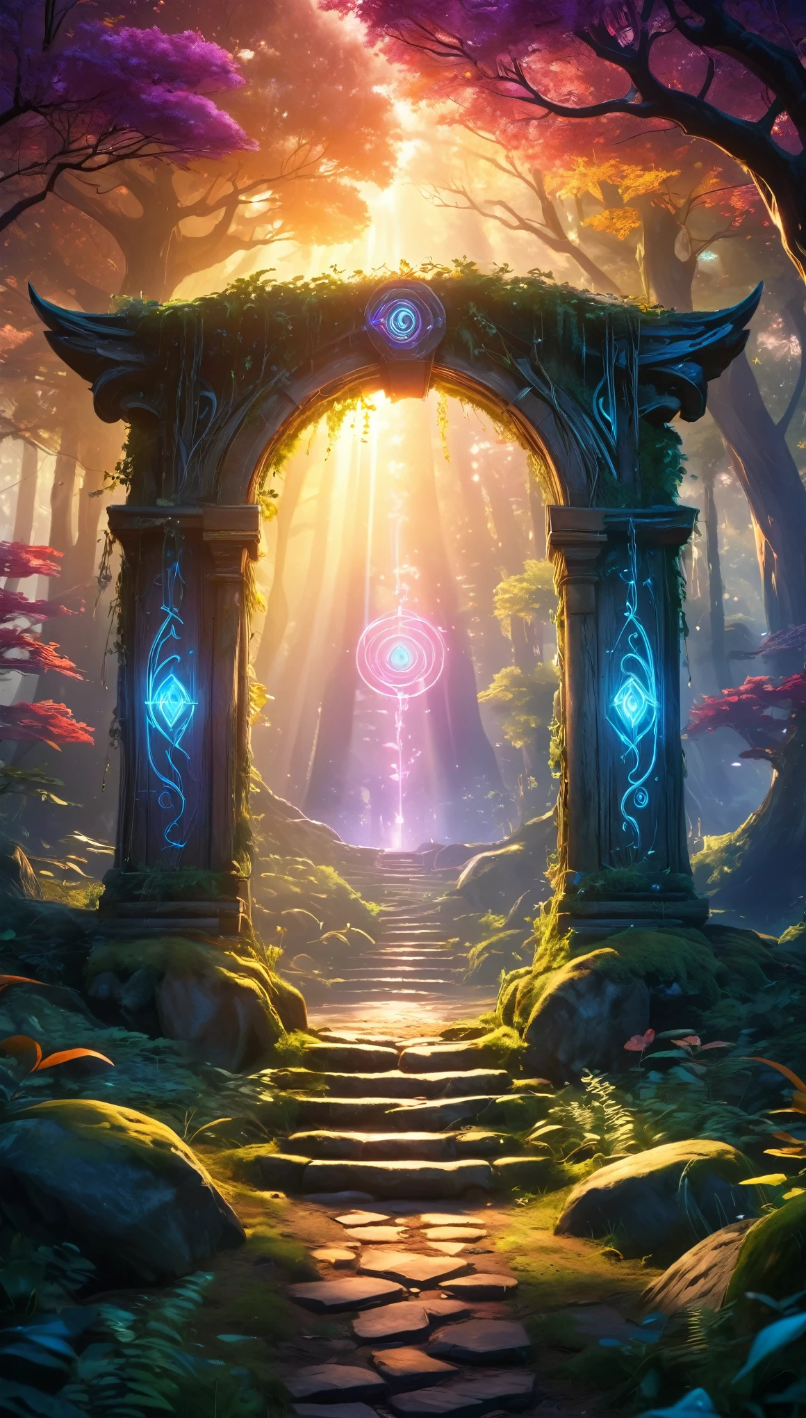 (anime, fantasy, portal),(best quality, highres, HDR:1.2),vibrant colors,mysterious atmosphere,magical portal,mystical creatures,enchanted forest,glowing runes,ethereal light,fantastical landscapes