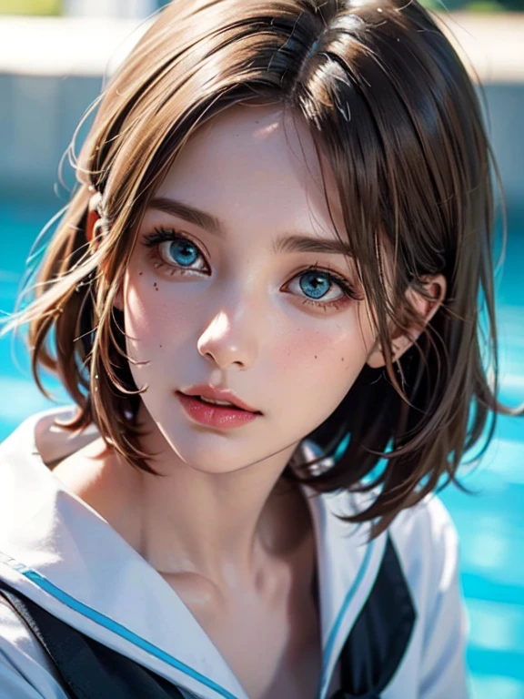 masterpiece, ultra high quality, high quality, High resolution, high quality details, high quality shadow, Attention to detail, Beautiful details, In detail, Highly detailed CG, Detailed Texture, a Realistic representation of the face, Realistic, colorful, delicate, Cinematic Light, Side light, Lens flare, Ray Tracing, Sharp focus, (Intricate details, compensate, Purelos Face_v1:0.5), (detailed beautiful delicate face, detailed beautiful delicate eyes, Perfectly balanced face, Attention to detailed skin, Detailed skin, The optimal ratio is four fingers to one thumb, from above, looking up at viewer, (sagging Breasts), (Cleavage), ((Smooth texture, Realistic texture, Photo Realistic)), (Beautiful eyes in every detail, Beautiful eyelashes, Emerald Eyes), Blonde medium hair, messy hair, 1female, By the pool, (((Sailor shirt, No sleeve, Open Front))), (Beautiful Face, Cute face, Detailed face), (((sunny))), perfecteyes eyes