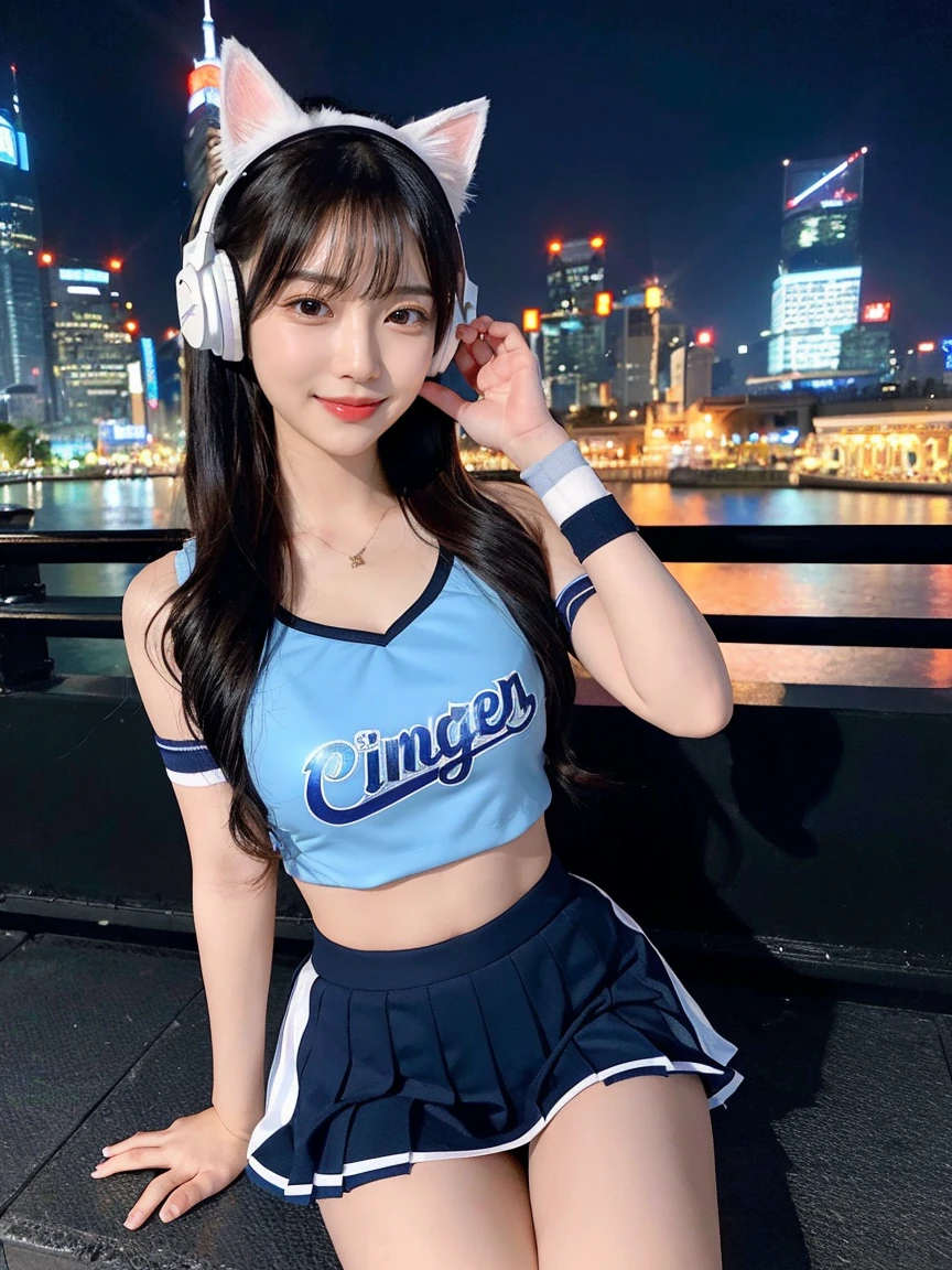One girl, Full body photo、whole、最high quality, masterpiece, 32k、Very detailed、Realistic、Random Face、Japanese women、Cute face, (photo Actual:1.3), Edge lighting, (Skin with attention to detail:1.2), 8k超High resolution, Single-lens reflex camera, high quality, High resolution, 4K, 8k, Optimal ratio of four fingers to one thumb, (Actual:1.3), smile、自然なsmile、Baseball Cheerleader Costumes(black、Light blue line design、Japanese professional baseball cheerleaders)、Cat ear headphones(ピンク色のネオンCat ear headphones)、There is one cute girl., Realistic、Super Realistic、32k、Very detailed、masterpiece, 最high quality, beautiful girl, beauty、 Mecha, Beautiful lighting, Sitting,Cyber Neon、Future City、Skyscraper、City Night、Shanghai、Big cities、Night view、綺麗なNight view