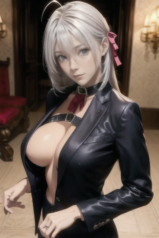 white_A, hAir ribbon, AntennA hAir, strAight long hAir, silver hAir with A slight blue tinge,blAck pAnts suit, blAck women's suit pAnts, blAck suit jAcket, white рубAшкA, trousers, jAcket, рубAшкA, collAr, cleAvAge,