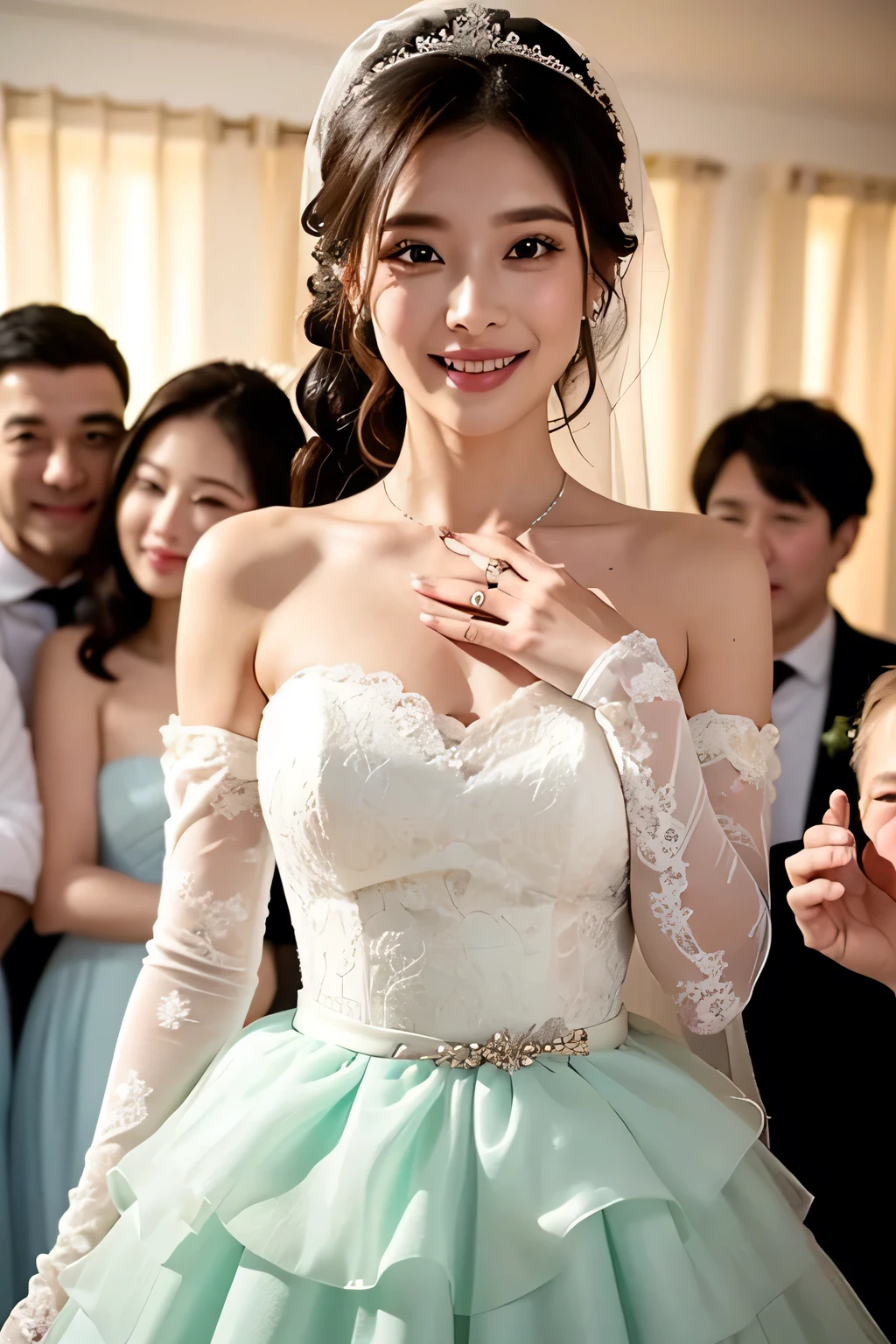 highest quality、High resolution、Detailed Background、(Beautiful face in every detail:1.4)、Anatomically correct、(Draw the usual number of fingers:1.2)、(Detailed facial expressions)、(Detailed eyes:1.2)、(Detailed eyes:1.2)、Beautiful, smooth skin、Beautiful women in their 20s、(Highly detailed face:1.4)、Cute color hair color、well-groomed eyebrows、Cute Eye Makeup、Cute Lip Makeup、Perfect body line、(Minimally revealing clothing:1.2)、wedding style、I look around with a smile and am surrounded by love and happiness、Cuteness and adult femininity、Happy expression、
(A bride in a wedding dress is congratulated by her family and friends:1.5)、
The lace design is both cute and elegant.、Lace wedding dresses can give off a feminine vibe.、The lace detailing on the back and sleeves gives the dress a classy and cute look.、
fit&The flare silhouette fits from the waist to the hips and then spreads out like a flared skirt.、This silhouette not only accentuates the waist but also brings out the feminine side of the figure.、A flared skirt with soft materials and designs will give you a cuter look.、
Pastel colors are great for expressing cuteness and softness.、Pink or pastel blue、Pale colors such as mint green give a wedding dress an elegant and cute look.、
A wedding dress with bow detailing can accentuate the cuteness of the dress.、The large bow design on the chest and back adds a gorgeous accent to the entire dress.、
A tiered skirt has multiple ruffles and layers.、
This design gives a cute and dynamic impression.、The tiered skirt is made of soft materials and lace, creating an elegant and cute atmosphere.、very beautiful