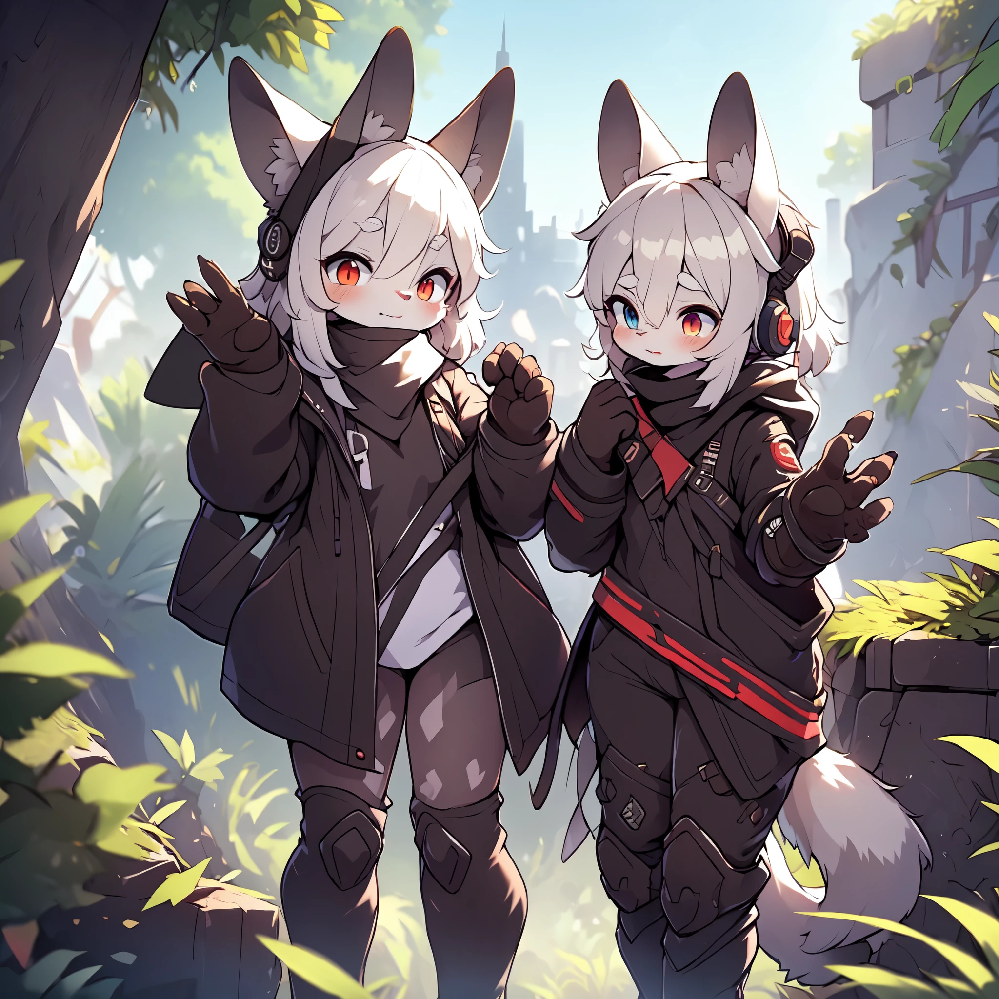 Kawaii, Striped Fluffy Fox, emaciated, long hair, 3girls, artificial synthetic skin, life support prosthetics, digital headphones, black tight latex bodysuit, white long dress, thigh-high-socks, shorts, loose off-the-shoulder hood open jacket, holsters in thigh, Mechanical boots, tactical knee pads, tactical belted loose Arm Sleeves, cybernetic Display gloves, chest rigs, tactical belts, blue archive halo, bulletproof goggles on forehead, from Ark nights, ray tracing, depth of field, bloom, masterpiece, ccurate, high details, highres