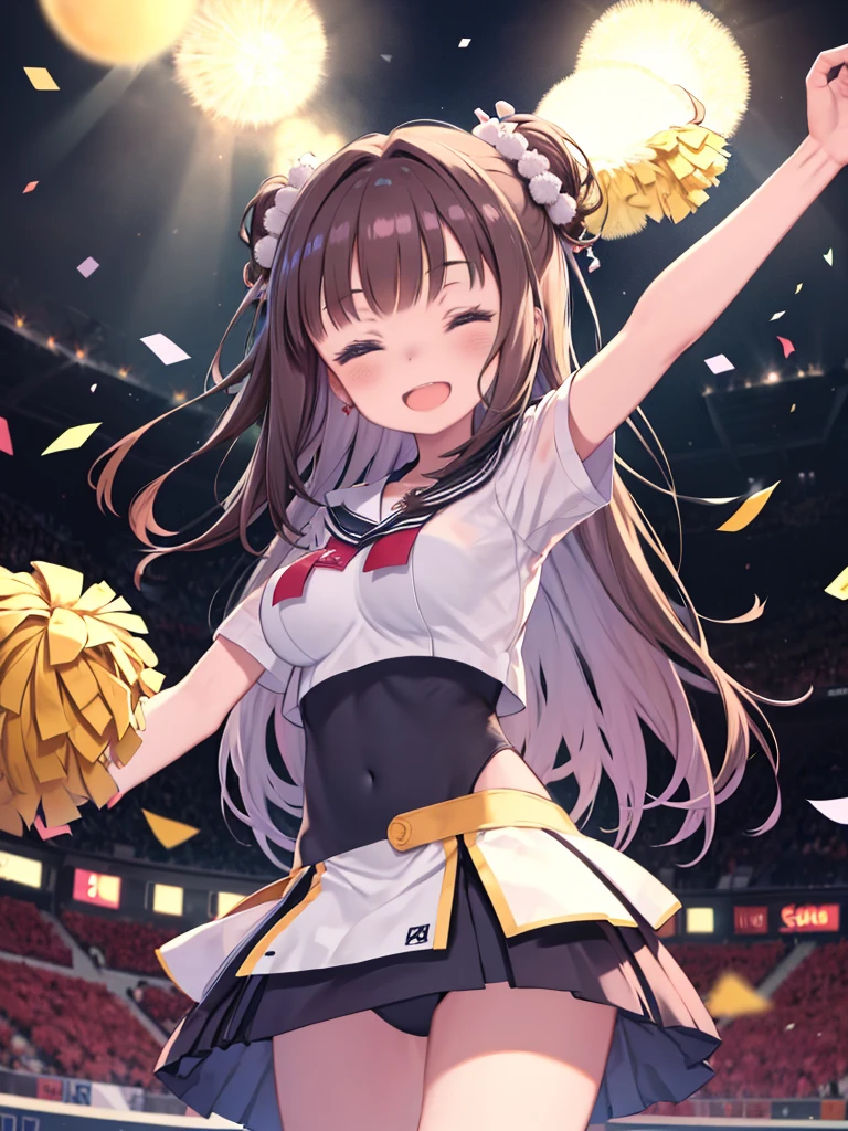 Long Hairと青い制服を着てPom-pomを持っているアニメの女の子、(masterpiece:1.5), figure, 4K, 8k, (high quality:1.1), Very detailed, Detailed face, High resolution, Vibrant colors, Natural light, Cute eyes, Fine grain, Colorful eyes, Beautiful Face, One girl, Long Hair, Messy Hair, Brown Hair, Twin Blade, Scrunchie, hair ornaments, Cheerleader, No sleeve, T-Shirts, Pom-pom, support, Stadium、Audience seats、Dancing、 Spread your arms, ((Confetti)), smile, Open your mouth, Angle from below、one eye closed、Close one eye、Big Breasts、Raise one leg、Panty shot、