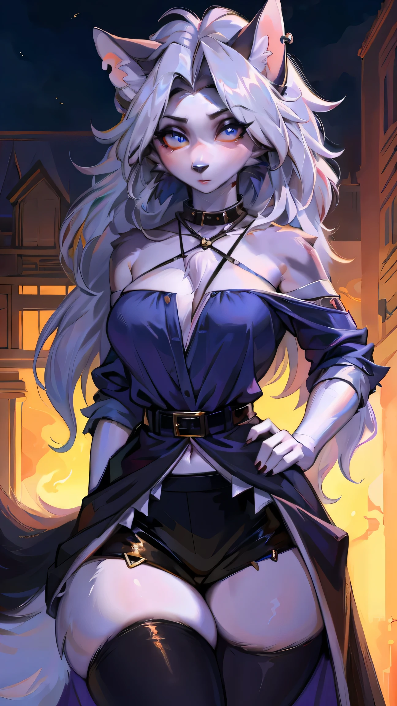 cute,furry_girl,wolf_girl,Elegant figure,Model's body_type,detailed_eyes,silver_hair,cute_ears,wolf_ears,black robe,fluffy_furs,earrings,stocking with garterbelt,neck garter,(perfect detailed eyes:1.5),(front:1.5),(furry:1.5),long lashes,flowy chiffon,(thick thighs:1.1),perfectly high-detail facial features,silky long hair,masterpiece, best quality, Ultra-high quality, Ridiculous details,(best quality,4k,8k,highres,masterpiece:1.2),ultra-detailed