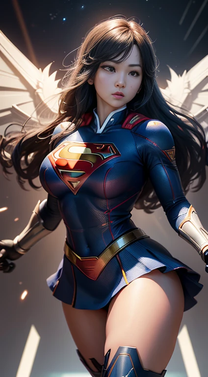 ((Best quality)), ((Supergirl's masterpiece)), (highly detailed:1.3), 3D, beautiful, (cyberpunk:1.2), in space, nebulous, holding_weapon, laser, (1Female Mecha:1.3), sexy body, facing the audience, bright blue eyes, full body, blonde, (flying, descending, dynamic, motion blur: 1.4), (huge wings of wicks: 1.6), looking up, glowing_eyes, mecha, panorama, background is earth, nebula, space, particles, Reality, HDR (High Dynamic Range), Ray Tracing, NVIDIA RTX, Super Resolution, Unreal 5, Subsurface Scattering, PBR Textures, Post-Processing, Anisotropic Filtering, Depth of Field, Maximum Clarity and Clarity, Multilayer Textures, Albedo and Specular Maps, Surface Shading, Accurate Simulation of Light-Material Interaction, Perfect Proportions, Octane Render, Two-Tone Lighting, Large Aperture, Low ISO, white balance, rule of thirds, 8K RAW, efficient sub-pixel, sub-pixel volume product, (best quality), (Japanese: 0.5), (Korean: 0.8), (Liu Yi Fei: 1.5) long hair, (big chest: 1.2) wearing superman's S on the chest. (chubby:1.3),