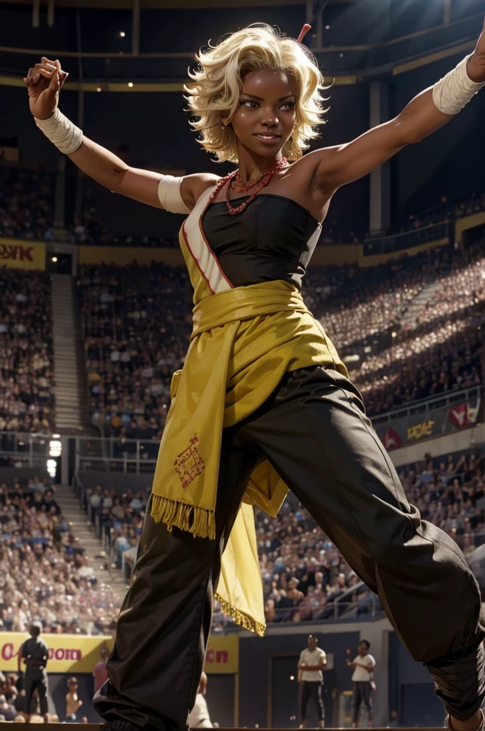 arslanaltan, 1girl, blonde hair, short hair, green eyes, dark skin, brown skin, hair ornament, sash, baggy pants, bandages, bare shoulders, necklace, (Masterpiece, Best Quality, Highres:1.2), Detailed, Intricate Details, 4K, solo, cowboy shot, high rating, boxing pose, boxing stance, arena, audience, crowd, smile, looking at viewer,