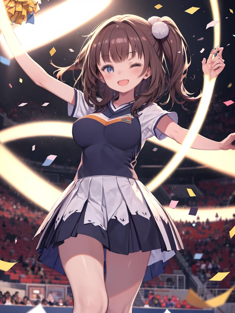 Long Hairと青い制服を着てPom-pomを持っているアニメの女の子、(masterpiece:1.5), figure, 4K, 8k, (high quality:1.1), Very detailed, Detailed face, High resolution, Vibrant colors, Natural light, Cute eyes, Fine grain, Colorful eyes, Beautiful Face, One girl, Long Hair, Messy Hair, Brown Hair, Twin Blade, Scrunchie, hair ornaments, Cheerleader, No sleeve, T-Shirts, Pom-pom, support, Stadium、Audience seats、Dancing、Jumping、 Spread your arms, ((Confetti)), smile, Open your mouth, Angle from below、Close one eye、Big Breasts、Lift your legs、Panty shot、
