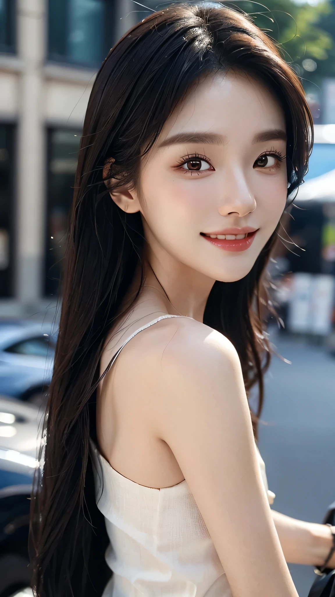 masterpiece、top-quality)、1 beutiful girl、Slim body、(( plain clothes:1.1))、((Wearing black sunglasses )), (Detailed beautiful eyes), ((Detailed skin)) , ((Detailed beautiful hair)), Walk around the store、((Boyish Brown Medium Hair))、((Smaller face))、((Neutral face))、((Face seen from the side))、((Light brown eyes))、((Korean Girl))、((18year old))、((cool lady))、((A shy smile on his face))、((Korean Makeup))、((elongated and sharp eyes))、((Happy dating))、((looking distantly))、((boyish))、((Shot from the same height as your face))、((Shorter than viewer))、((She is running ahead of the viewer))、((Hold your mouth with your hand)), ((CG rendering)), ((Blurred background)), ((deep shadow)), ((16K)), ((Very detailed)), ((wallpaper)), ((depth of field)), ((Ray tracing)).