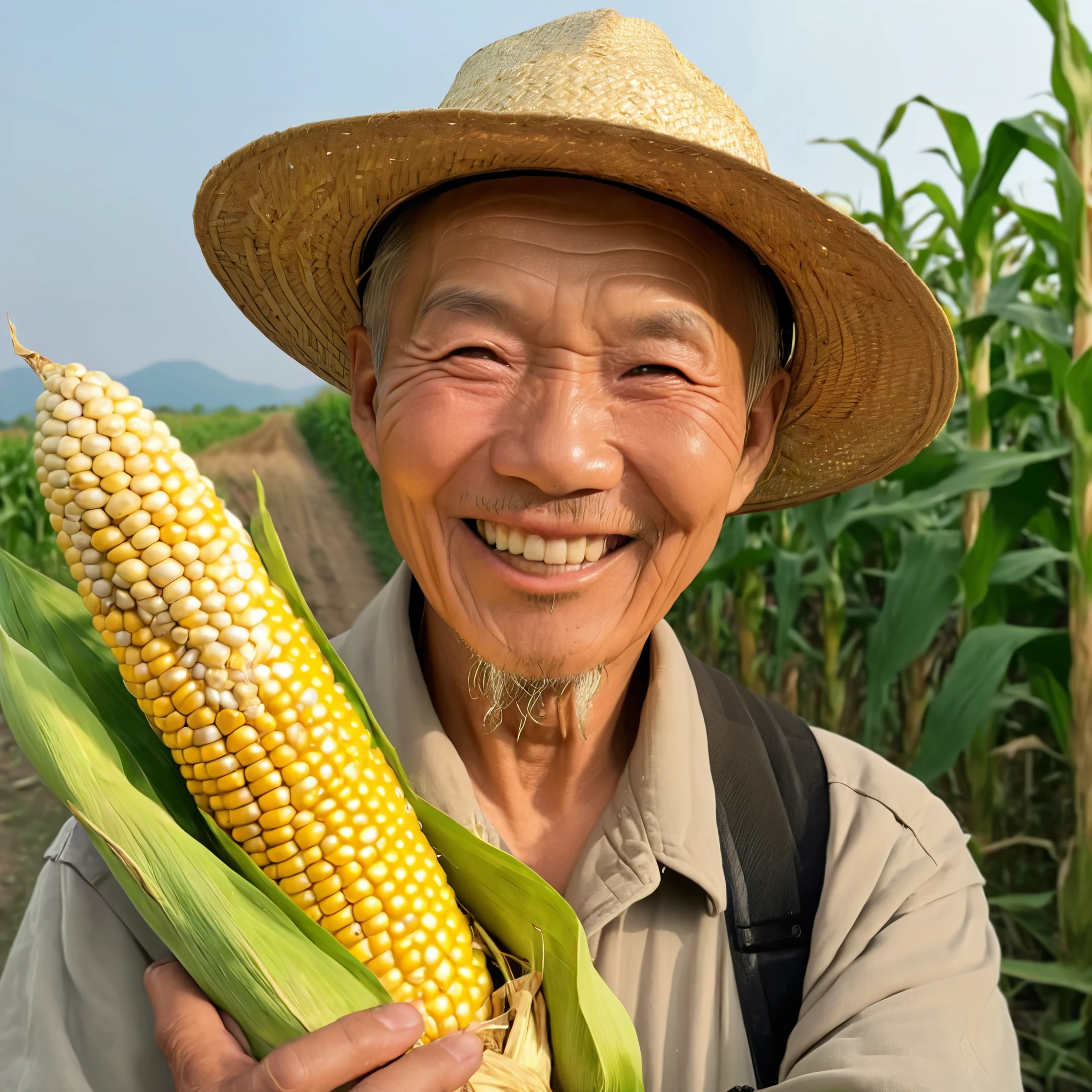 (a Chinese farmer grandfather), (smiling), (wearing a straw hat), (holding corn), (abundant harvest), (realistic photography), (8K)