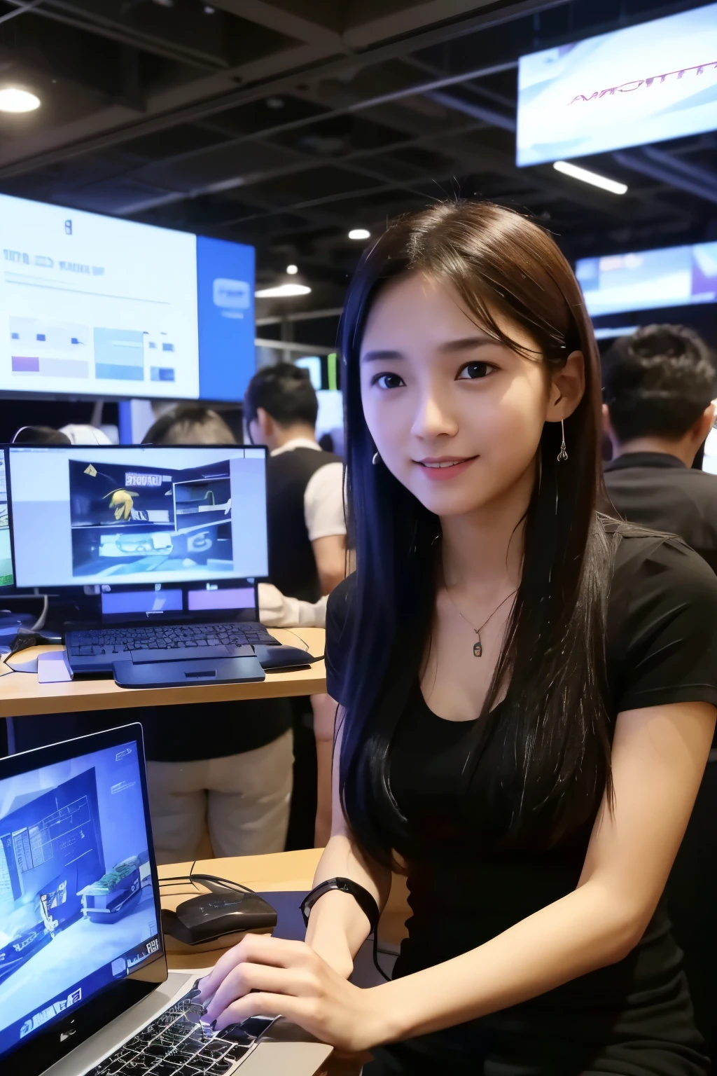 at a computer exhibition, many guests, Around the AMT booth, One of the boys is trying out AMT’s touch products, A boy about 40 years old with a slightly convex lower abdomen, Wearing yellow top and blue casual pants. Screen products must have the AMT brand. Girl wearing yellow hollow dress.