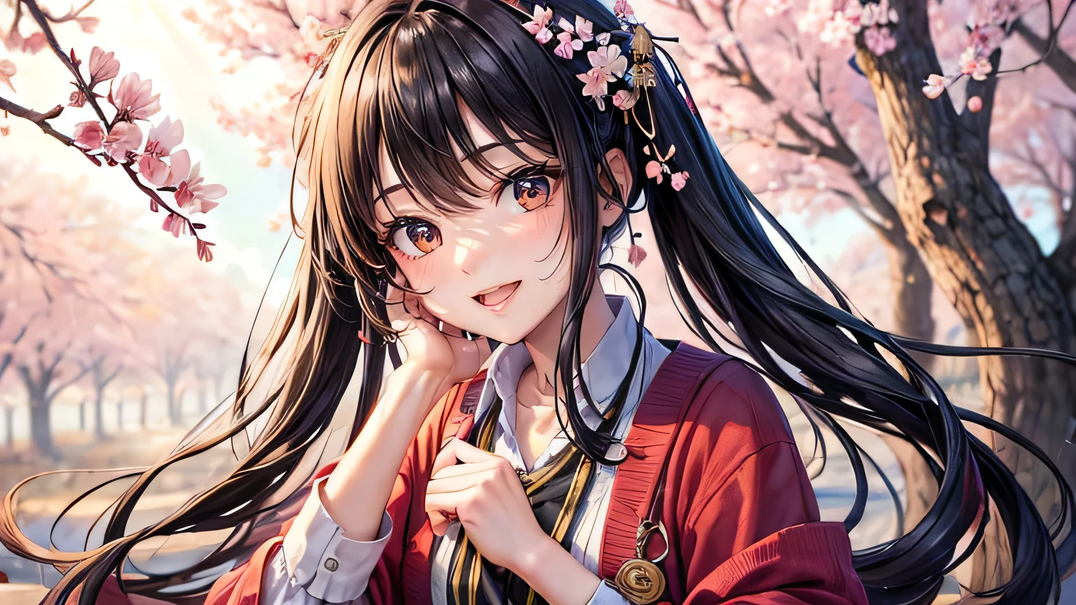 (oil, masterpiece, highest quality, Super detailed, Focus on the characters), One female,Beautiful black hair,A big smile,Beautiful cherry blossoms,Detailed hair depiction,Cherry blossom cardigan,([return:0.8]|[ face facing returnwards:1.1]), ,([Cherry Blossom Tree Lined Scenario:1.2]|[ ground:1.3]| [High Contrast:1.1])  