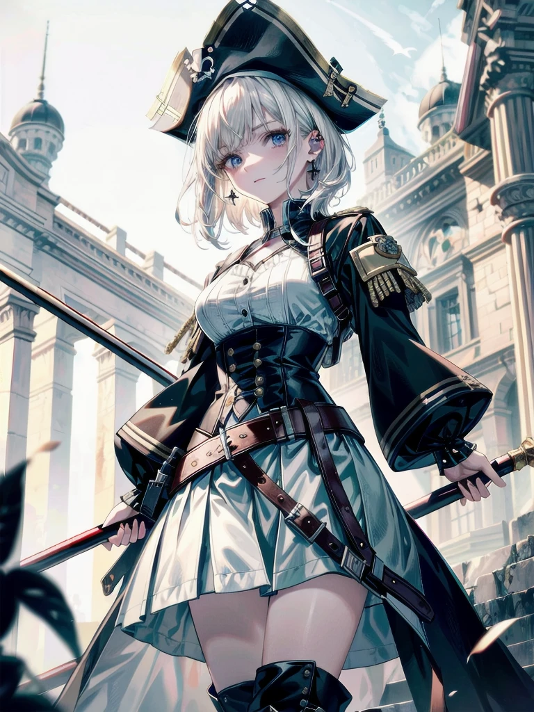 Practical pirate clothing, Long-sleeved pirate top, Skirt, boots, absurdres, RAW photo, extremely delicate and beautiful, masterpiece, Best Quality, ultra high resolution, 32k, hyperrealistic, ultra-detailed, detailed description, pale skin, 20 years old, tearful mole, earring, Colossal tits, short medium hair, wavy hair,