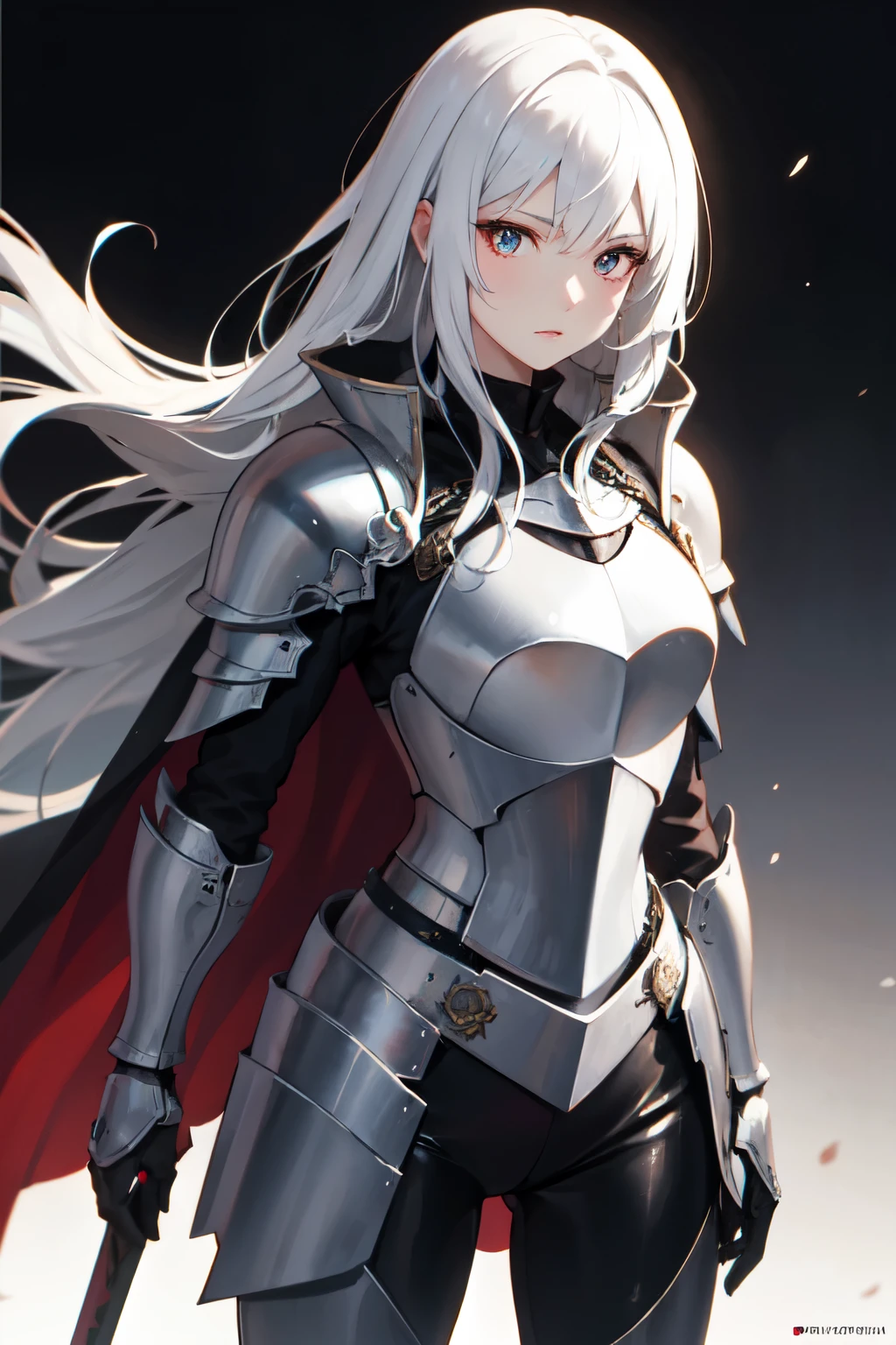 Maiden Knight，，White hair，Red pupils，Black Armor，Knight Sword，Black cape，high resolution，Perfect face，detailed，best quality，masterpiece