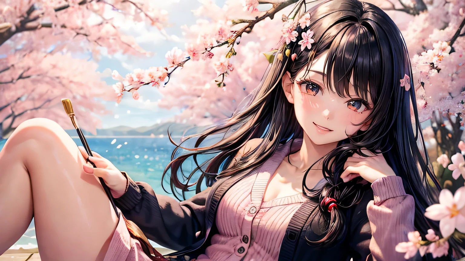 (oil, masterpiece, highest quality, Super detailed, Focus on the characters), One female,Beautiful black hair,A big smile,Beautiful cherry blossoms,Detailed hair depiction,Cherry blossom cardigan,([return:0.8]|[ face facing returnwards:1.1]), ,([Cherry Blossom Tree Lined Scenario:1.2]|[ ground:1.3]| [High Contrast:1.1])  