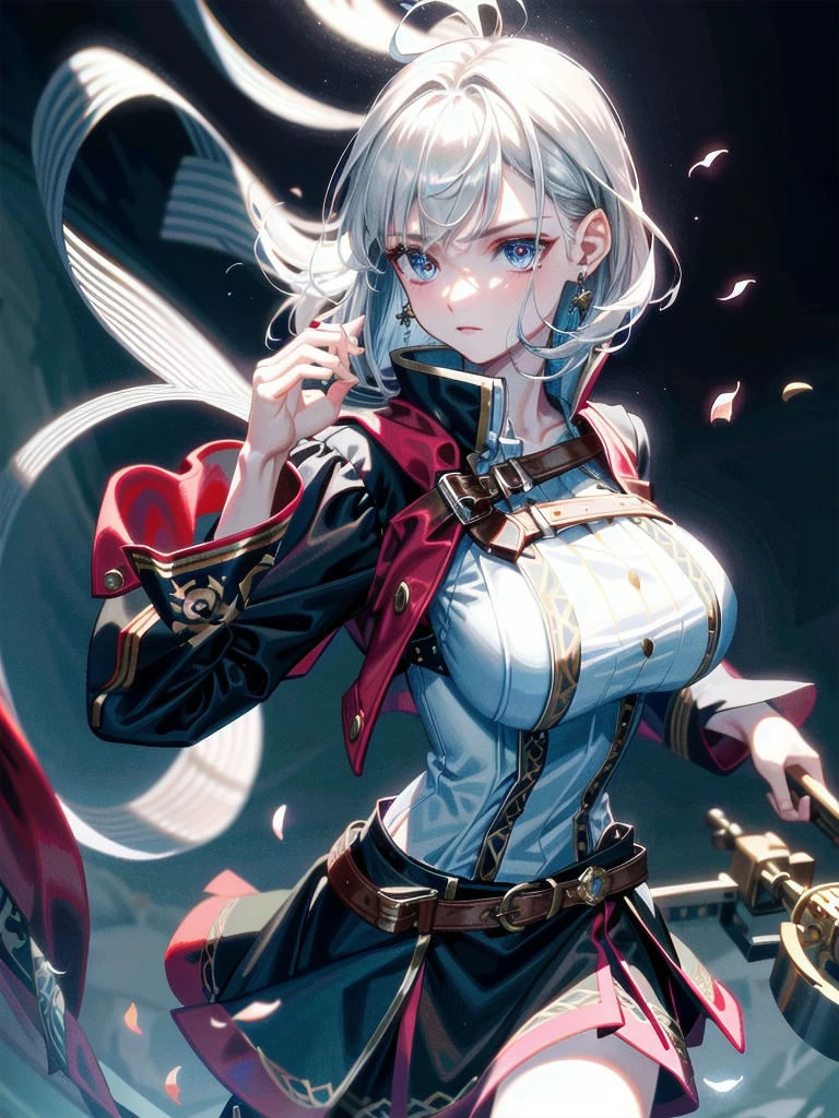 Practical pirate clothing, Long-sleeved pirate top, Skirt, boots, absurdres, RAW photo, extremely delicate and beautiful, masterpiece, Best Quality, ultra high resolution, 32k, hyperrealistic, ultra-detailed, detailed description, pale skin, 20 years old, tearful mole, earring, Colossal tits, short medium hair, wavy hair,