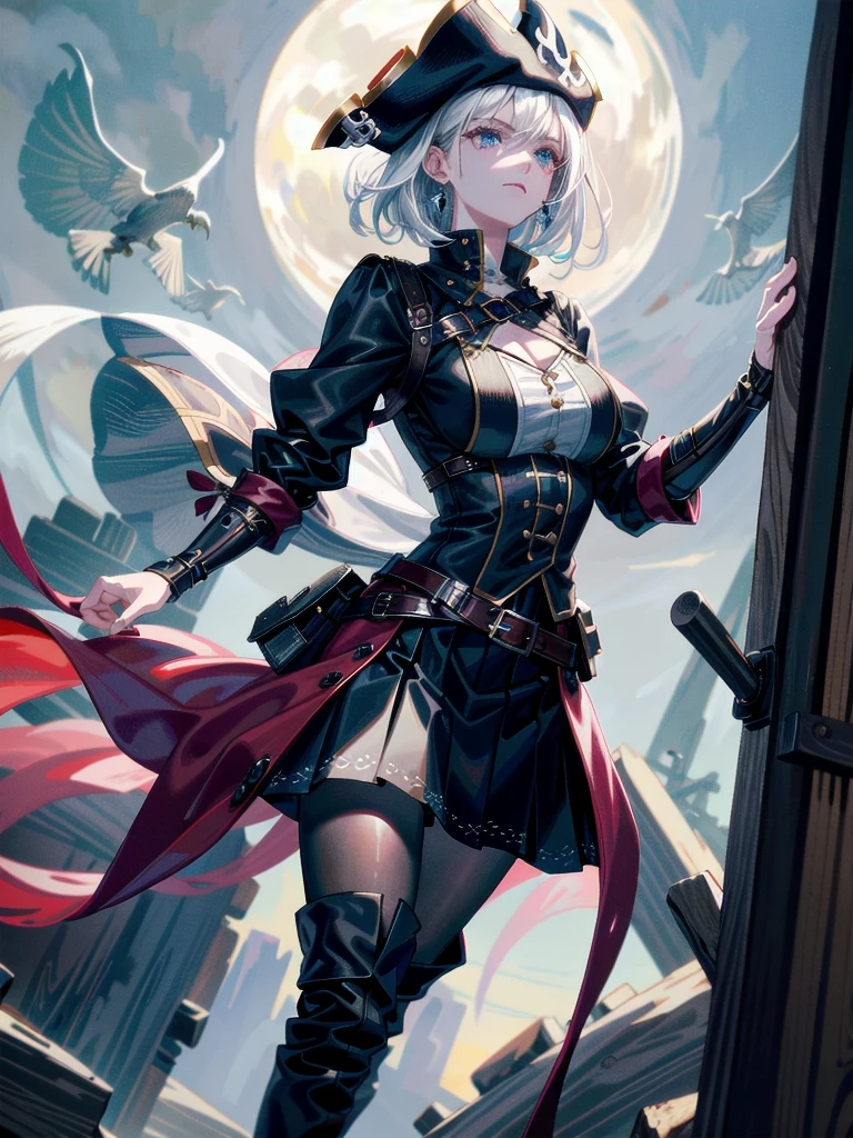 Practical pirate clothing, Long-sleeved pirate top, Skirt, boots, absurdres, RAW photo, extremely delicate and beautiful, masterpiece, Best Quality, ultra high resolution, 32k, hyperrealistic, ultra-detailed, detailed description, pale skin, 20 years old, tearful mole, earring, Colossal tits, short medium hair, wavy hair,