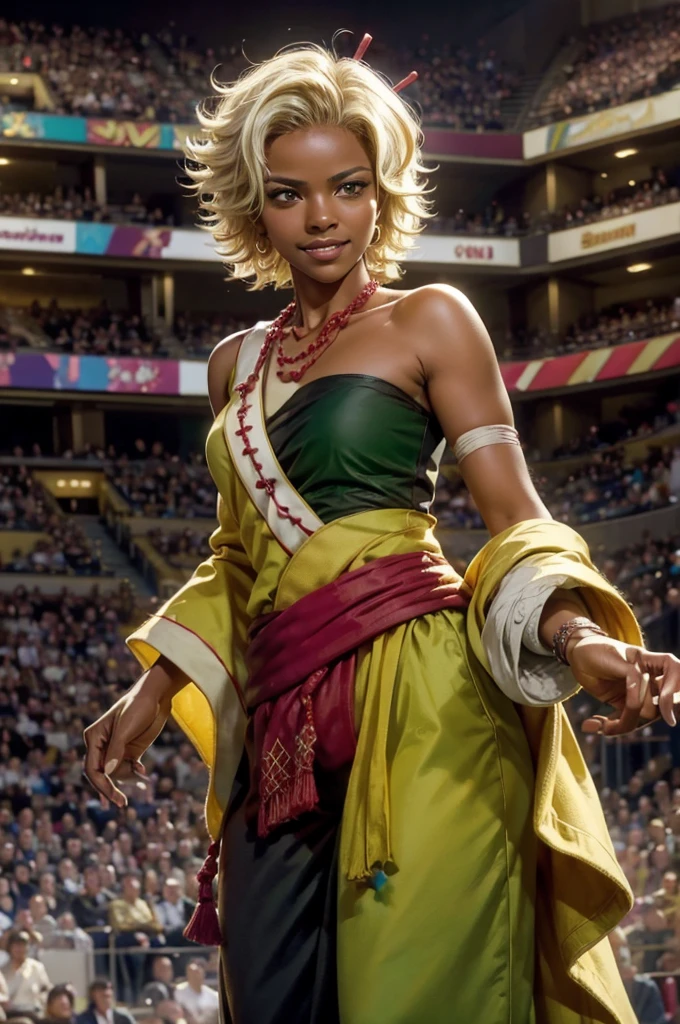 arslanaltan, 1girl, blonde hair, short hair, green eyes, dark skin, brown skin, hair ornament, sash, baggy pants, bandages, bare shoulders, necklace, (Masterpiece, Best Quality, Highres:1.2), Detailed, Intricate Details, 4K, solo, cowboy shot, high rating, boxing pose, arena, audience, crowd, smile, looking at viewer,