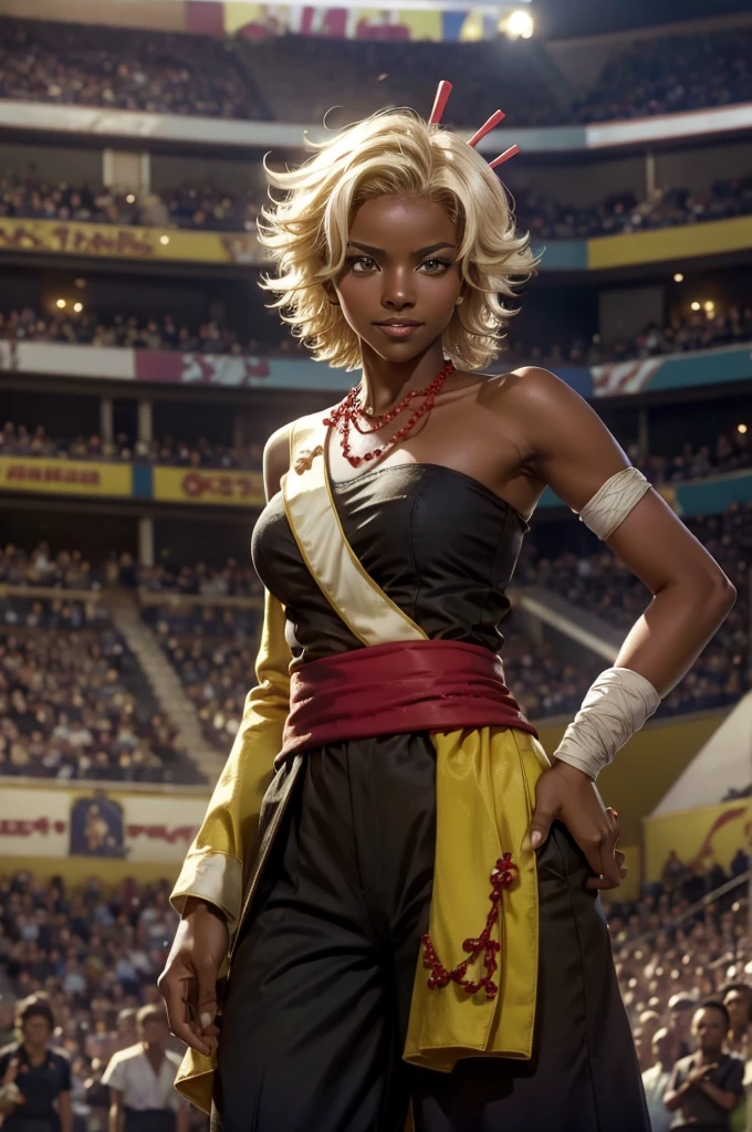 (perfect anatomy), (sports body), (big breastes), (thick-thighs), (perfect arms), (tracksuit ), Pointed bracelets, looking a viewer, (Medium full-frame photography), (Background of the battle arena), (yellow dreadlocks)
