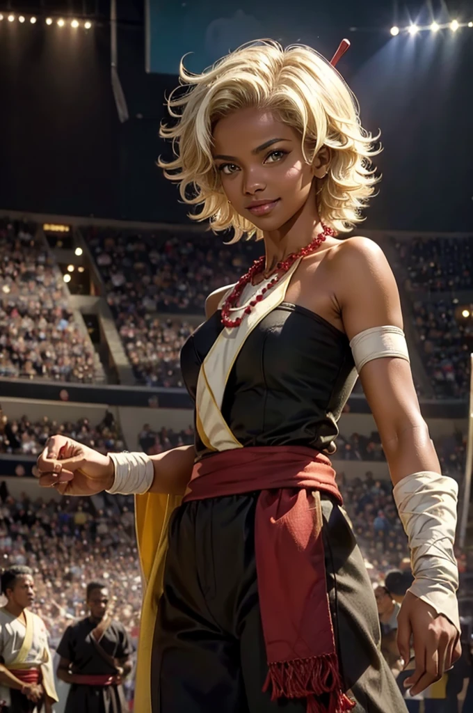 arslanaltan, 1girl, blonde hair, short hair, green eyes, dark skin, brown skin, hair ornament, sash, baggy pants, bandages, bare shoulders, necklace, (Masterpiece, Best Quality, Highres:1.2), Detailed, Intricate Details, 4K, solo, cowboy shot, high rating, boxing pose, arena, audience, crowd, smile, looking at viewer,