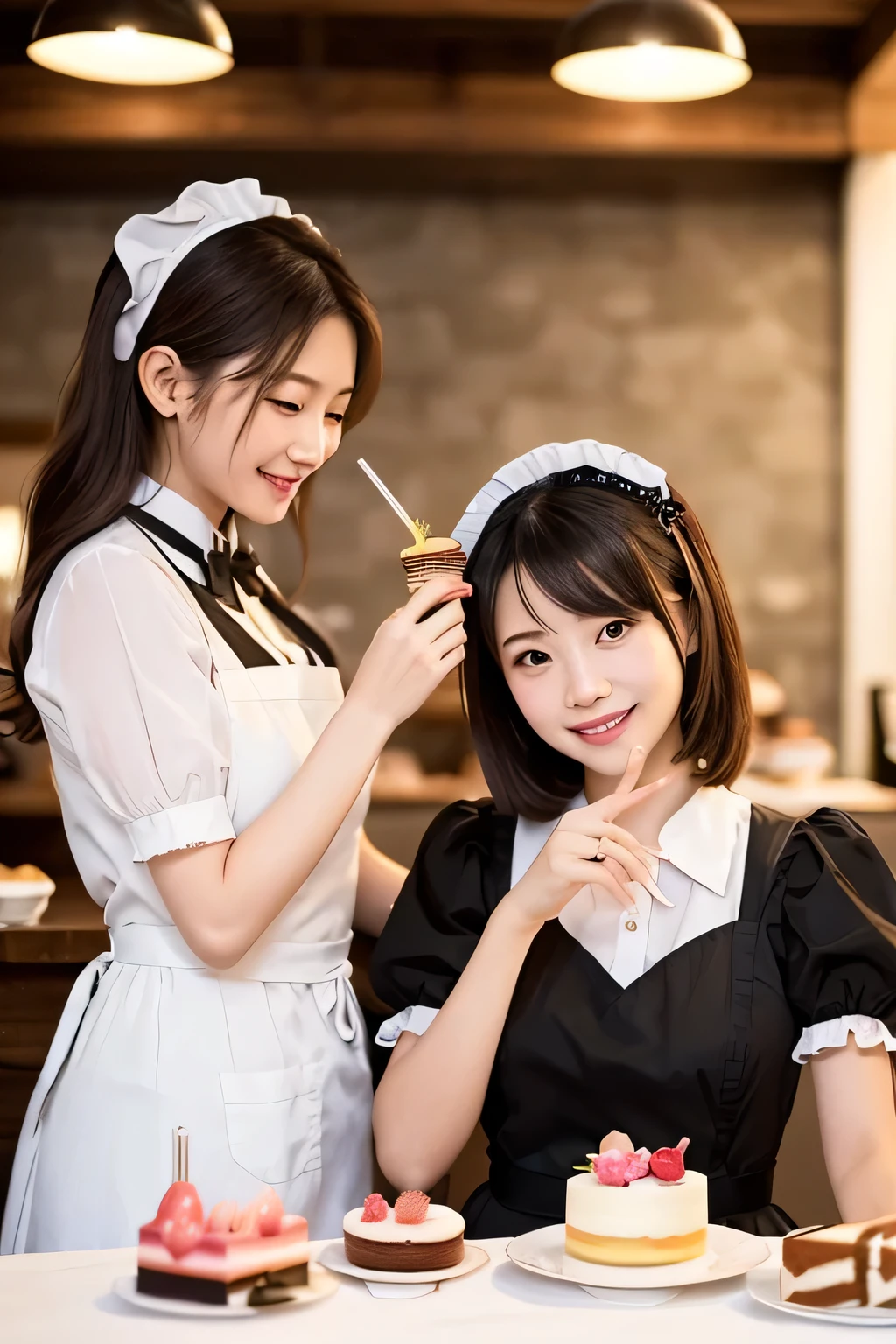 highest quality、High resolution、Detailed Background、(Beautiful face in every detail:1.4)、Anatomically correct、(Draw the usual number of fingers:1.2)、(Detailed facial expressions)、(Detailed eyes:1.2)、(Detailed eyes:1.2)、Beautiful, smooth skin、age beauty、(Three Women)、(Highly detailed face:1.4)、cute hair color、ponytail、Bobcut、Braided long hair、Wavy Hairstyle、well-groomed eyebrows、cute eye makeup、Cute Lip Makeup、Calm atmosphere、Happy expression、smile、Laughter、Sexual expressions、Upper Body、Traditional Made、Tea time at the cafe、
(Three maid ladies chatting in a cute cafe while savoring cakes and sweets:1.5)、
Pair a black dress with a white apron、The frills and ribbon design on the apron add a nice accent.、
A soft arrangement with pastel colors will give you a cute impression.、Try choosing colors like pink and mint green.、
Lace and chiffon materials add a feminine and delicate touch.、Sleeves and aprons made with lace and chiffon、Try incorporating it into your design、
Ribbons and head accessories can add cuteness and accents.、Try adding ribbons to your dress or apron, or matching it with a headband or ribbon hair accessory.、Consider the appropriate accessories and shoes depending on the occasion and event you will be wearing the outfit.、cute
