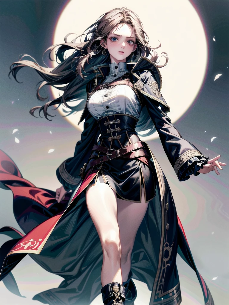 Practical pirate clothing, Long-sleeved pirate top, Skirt, boots, absurdres, RAW photo, extremely delicate and beautiful, masterpiece, Best Quality, ultra high resolution, 32k, hyperrealistic, ultra-detailed, detailed description, pale skin, 20 years old, tearful mole, earring, Colossal tits, short medium hair, wavy hair,