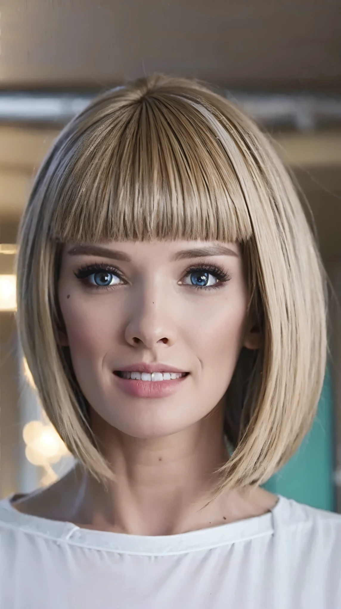 Fashion model 25 years old [[[[close up]]]], [[[[neck]]]], [[[[Shoulder]]]], Perfect eyes, Perfect iris，Perfect lips，Perfect Teeth，Perfect skin，White skin，Soft headlight，High-density imaging review，（Face is clear and delicate），((White casual wear))，((Smile))，((Background is indoor))，best quality，masterpiece，（Soft colors：1.2）