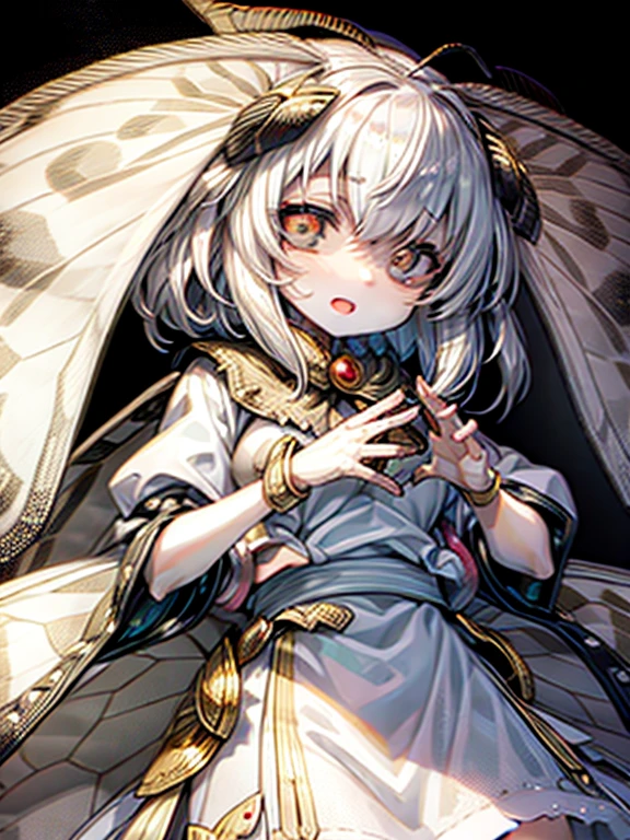 solo,1woman\(cute,kawaii,small kid,skin color white,short white hair,(big moth wing hair:1.7),white dress\(beautiful race\),(2moth antennaes at hair:1.7),evil smile,open mouth,[moth wing on back:2.0],[moth wing on body:2.0],[moth wings:2.0],[extra arm:2.0],moth wing is only at hair,fly in the sky\),background\(street lights glowing slightly,night,stars,moonlight\), BREAK ,quality\(8k,wallpaper of extremely detailed CG unit, ​masterpiece,hight resolution,top-quality,top-quality real texture skin,hyper realisitic,increase the resolution,RAW photos,best qualtiy,highly detailed,the wallpaper,cinematic lighting,ray trace,golden ratio,\),(close up:-2.0),(better hands:1.4),long shot