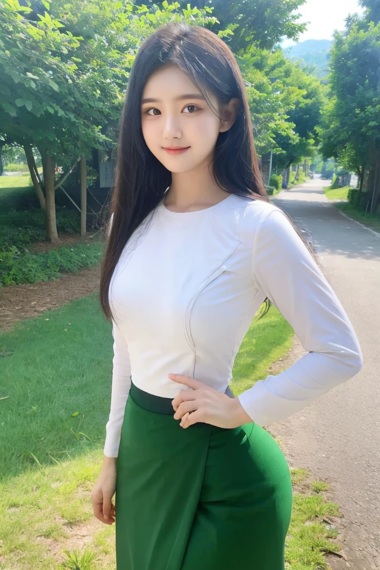 steady smile  Peaceful and beautiful face  civilized dress;  Along the village road, to the school, wearing a white top as a duty gown, a long green skirt below, a beautiful body that captivates everyone who sees it, high hips, a clear maximum figure, an innocent image wrapped in high quality.  3D HD