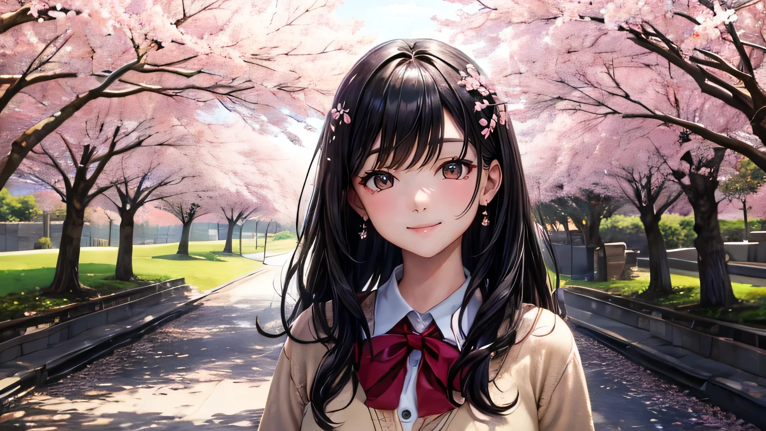 (oil, masterpiece, highest quality, Super detailed, Focus on the characters), One female,Beautiful black hair,A big smile,Beautiful cherry blossoms,Detailed hair depiction,Cherry blossom cardigan,([return:0.8]|[ face facing returnwards:1.1]), ,([Cherry Blossom Tree Lined Scenario:1.2]|[ ground:1.3]| [High Contrast:1.1])  