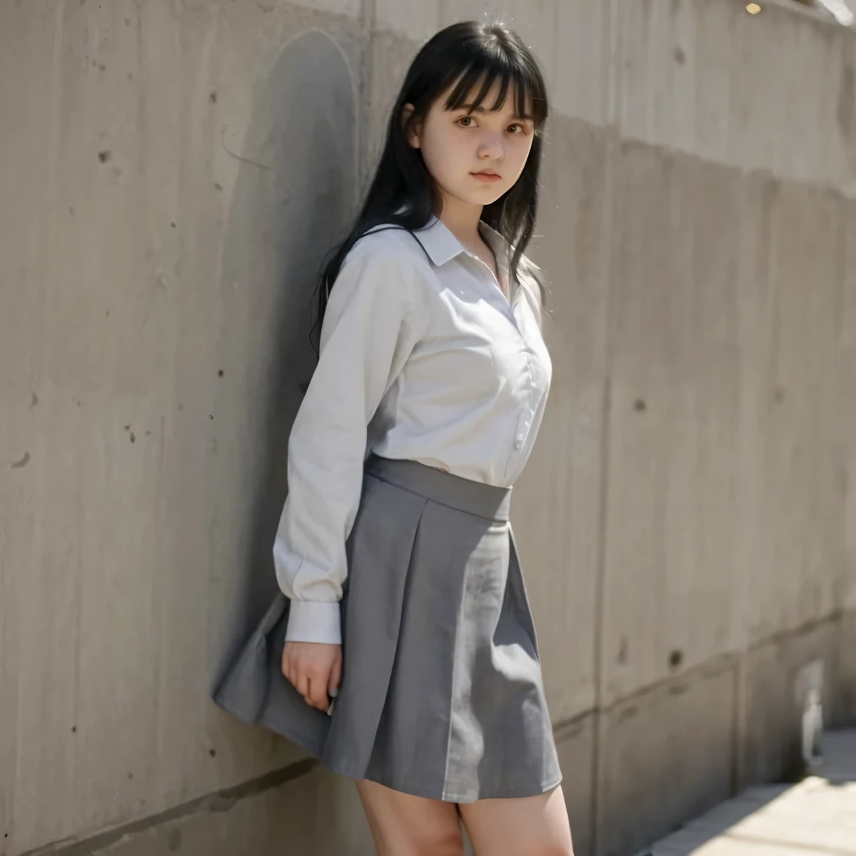 16 years old short girl, tucked shirt, long skirt, long sleeves, black hair