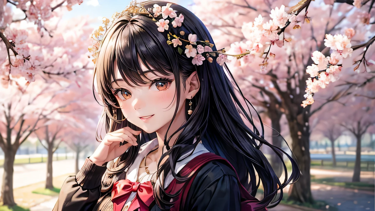 (oil, masterpiece, highest quality, Super detailed, Focus on the characters), One female,Beautiful black hair,A big smile,Beautiful cherry blossoms,Detailed hair depiction,Cherry blossom cardigan,([return:0.8]|[ face facing returnwards:1.1]), ,([Cherry Blossom Tree Lined Scenario:1.2]|[ ground:1.3]| [High Contrast:1.1])  