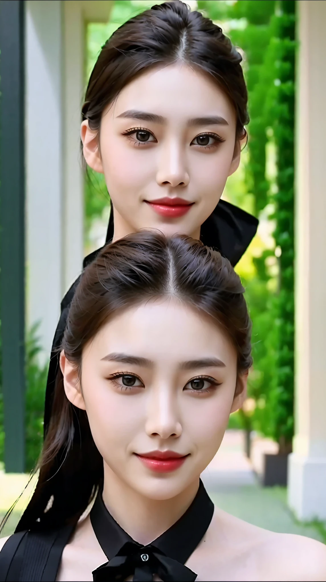 Fashion model 25 years old [[[[close up]]]], [[[[neck]]]], [[[[Shoulder]]]], Perfect eyes, Perfect iris，Perfect lips，Perfect Teeth，Perfect skin，White skin，Soft headlight，High-density imaging review，（Face is clear and delicate），((black formal))，((Smile))，((Background is indoor))，best quality，masterpiece，（Soft colors：1.2）