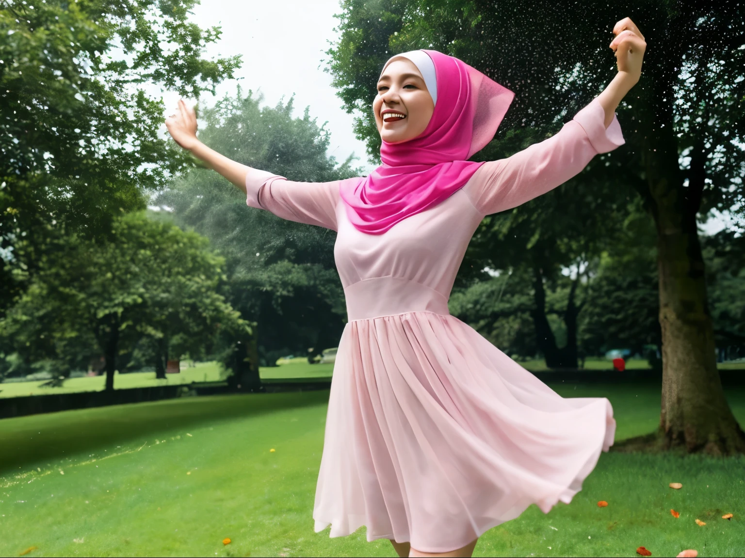 a beautiful Indonesian woman wearing a hijab, dancing and jumping happily under the rain, wearing a see-through dress, an extra thin pink dress, looking wet all over, in a city park,