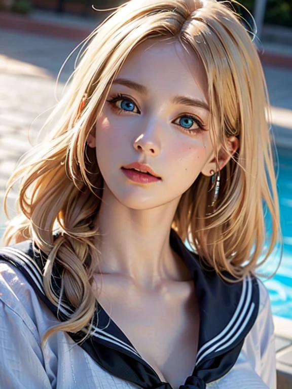 masterpiece, ultra high quality, high quality, High resolution, high quality details, high quality shadow, Attention to detail, Beautiful details, In detail, Highly detailed CG, Detailed Texture, a Realistic representation of the face, Realistic, colorful, delicate, Cinematic Light, Side light, Lens flare, Ray Tracing, Sharp focus, (Intricate details, compensate, Purelos Face_v1:0.5), (detailed beautiful delicate face, detailed beautiful delicate eyes, Perfectly balanced face, Attention to detailed skin, Detailed skin, The optimal ratio is four fingers to one thumb, from above, looking up at viewer, (sagging Breasts), (huge breasts, Cleavage), ((Smooth texture, Realistic texture, Photo Realistic)), (Beautiful eyes in every detail, Beautiful eyelashes, Emerald Eyes), Blonde medium hair, messy hair, 1female, By the pool, (((Sailor shirt, No sleeve, Open Front))), (Beautiful Face, Cute face, Detailed face), (((sunny))), perfecteyes eyes