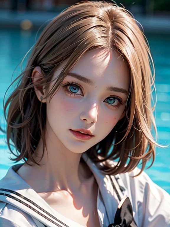 masterpiece, ultra high quality, high quality, High resolution, high quality details, high quality shadow, Attention to detail, Beautiful details, In detail, Highly detailed CG, Detailed Texture, a Realistic representation of the face, Realistic, colorful, delicate, Cinematic Light, Side light, Lens flare, Ray Tracing, Sharp focus, (Intricate details, compensate, Purelos Face_v1:0.5), (detailed beautiful delicate face, detailed beautiful delicate eyes, Perfectly balanced face, Attention to detailed skin, Detailed skin, The optimal ratio is four fingers to one thumb, from above, looking up at viewer, (sagging Breasts), (huge breasts, Cleavage), ((Smooth texture, Realistic texture, Photo Realistic)), (Beautiful eyes in every detail, Beautiful eyelashes, Emerald Eyes), Blonde medium hair, messy hair, 1female, By the pool, (((Sailor shirt, No sleeve, Open Front))), (Beautiful Face, Cute face, Detailed face), (((sunny))), perfecteyes eyes