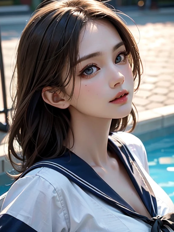 masterpiece, ultra high quality, high quality, High resolution, high quality details, high quality shadow, Attention to detail, Beautiful details, In detail, Highly detailed CG, Detailed Texture, a Realistic representation of the face, Realistic, colorful, delicate, Cinematic Light, Side light, Lens flare, Ray Tracing, Sharp focus, (Intricate details, compensate, Purelos Face_v1:0.5), (detailed beautiful delicate face, detailed beautiful delicate eyes, Perfectly balanced face, Attention to detailed skin, Detailed skin, The optimal ratio is four fingers to one thumb, from above, looking up at viewer, (sagging Breasts), (huge breasts, Cleavage), ((Smooth texture, Realistic texture, Photo Realistic)), (Beautiful eyes in every detail, Beautiful eyelashes, Emerald Eyes), Blonde medium hair, messy hair, 1female, By the pool, (((Sailor shirt, No sleeve, Open Front))), (Beautiful Face, Cute face, Detailed face), (((sunny))), perfecteyes eyes