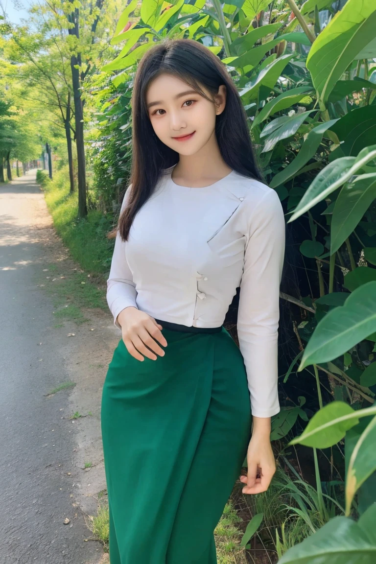 steady smile Peaceful and beautiful face civilized dress; Along the village road, to the school, wearing a white top as a duty gown, a long green skirt below, a beautiful body that captivates everyone who sees it, high hips, a clear maximum figure, an innocent image wrapped in high quality. 3D HD