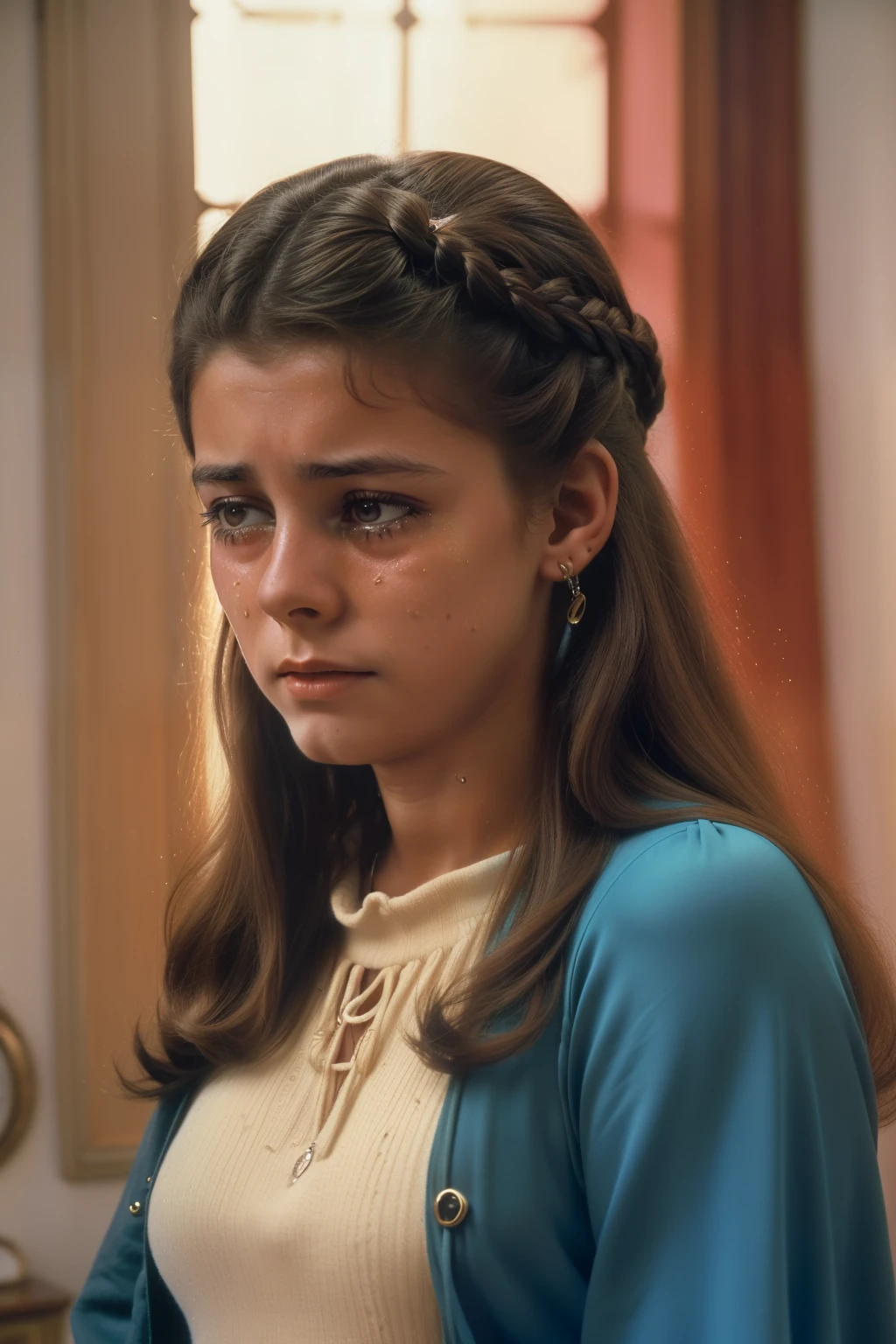 Tharsis, Spain, 1979. A young ((((-yeld)) mela Estévez)), in a luminous victorian house, ((grief expression, crying big tears, screaming)), ((((clothings from the 1970s)))), ((hairstyle of the 1970s)), colorful