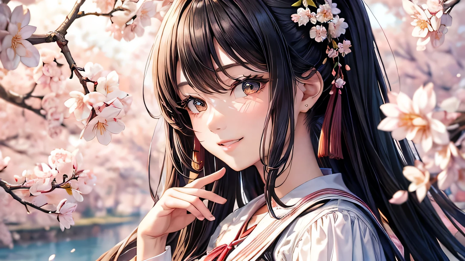Anime girl with long black hair and a flower in her hair - SeaArt AI