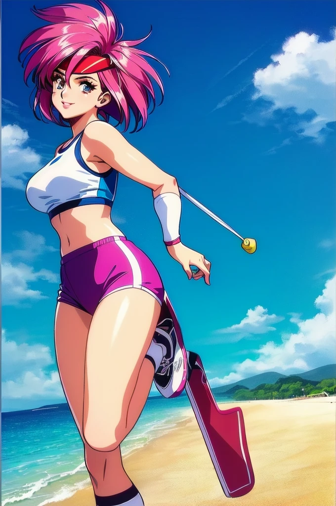 (perfect composition),imagined a girl in extreme sport outfit playing to a flying disc game in a beach arena game sport, masterpiece, ultra-detailed, 80's anime (style), 2D, megapixel, perfectionism, full HD , 4K, (windjammers), windjammers sport game, windjammers 2 (((((solo mature anime woman,)))))++++++++++++++++++, looking at viewer, full body, brown hair and pink hair, short hair, weird hair, smile, lips, eyelashes, medium breasts, gym uniform, uniform, gym shorts, headband, sports bra, elbow pad, knee pad, extreme sports outfit 80's theme, beach background, playing flying disc game on a beach court game, sea, sun in the sky, sports wear