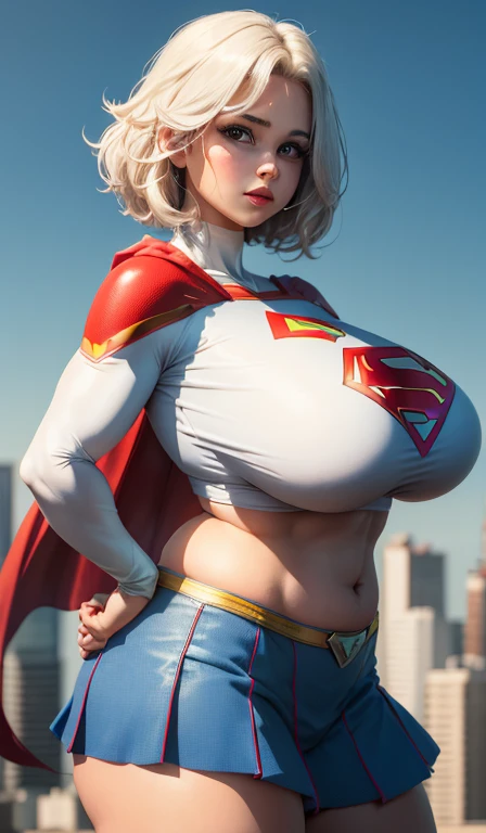 4k, realista, charismatic, muito detalhe, There's a girl at the top of town, vestindo o figurino da Supergirl, She's a super girl, white superhero theme, cabelo longo loiro, 25 anos, corpo inteiro, (chubby:1.2), (huge breasts:1.3)