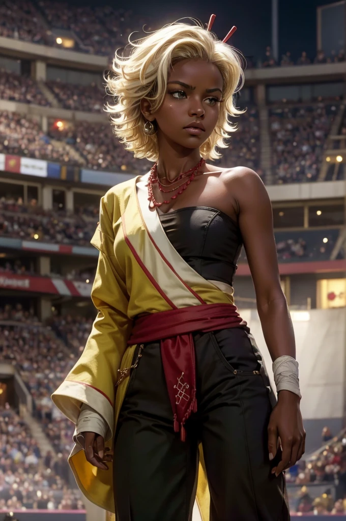 arslanaltan, 1girl, blonde hair, short hair, green eyes, dark skin, brown skin, hair ornament, sash, baggy pants, bandages, bare shoulders, necklace, (Masterpiece, Best Quality, Highres:1.2), Detailed, Intricate Details, 4K, solo, cowboy shot, high rating, arena, audience, crowd, closed mouth, serious look, serious expression, looking at viewer,